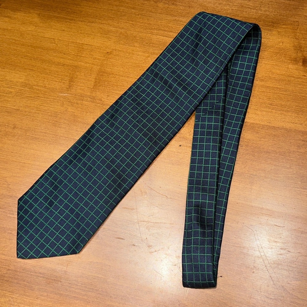 Alain Figaret Paris Mens Silk Tie Navy Blue Green Grid Geometric Made in France